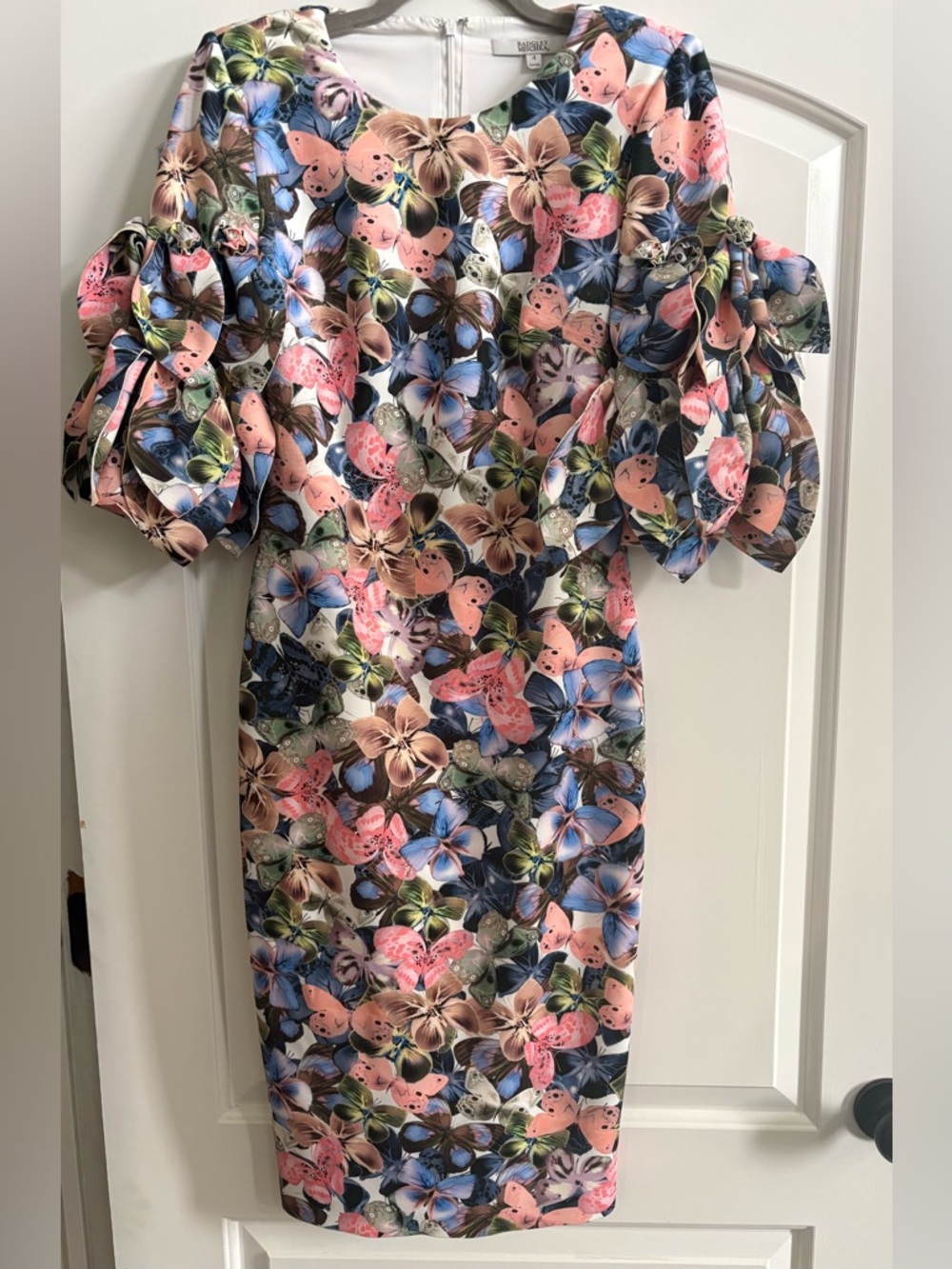 Badgley Mischka Pink Floral Midi Dress with Puff Sleeves